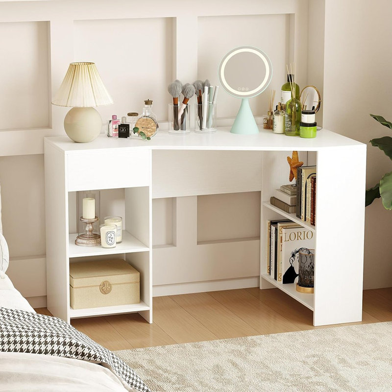 Bureau en coin blanc avec tiroir et tablettes de rangement, table d'ordinateur portable moderne, bureau et coiffeuse pour chambre ou petits espaces