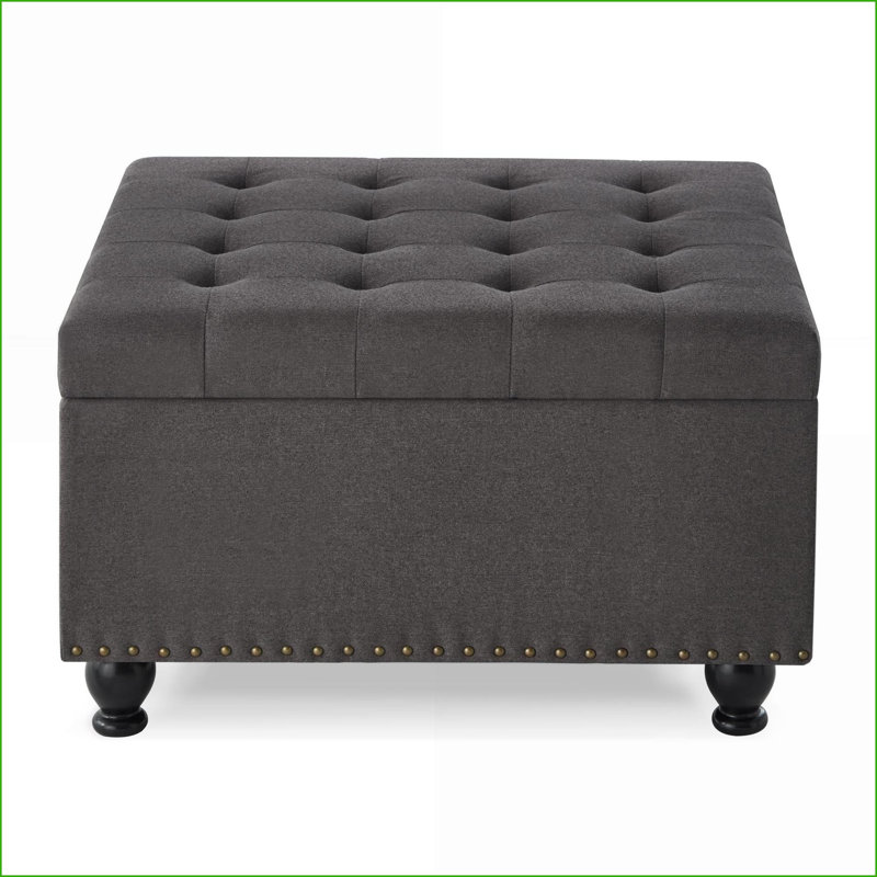 Repose-pieds, grand rangement carré avec capitonnage à boutons, pieds en bois massif - Gris foncé pour le salon / chambre à coucher | Bois | Noir