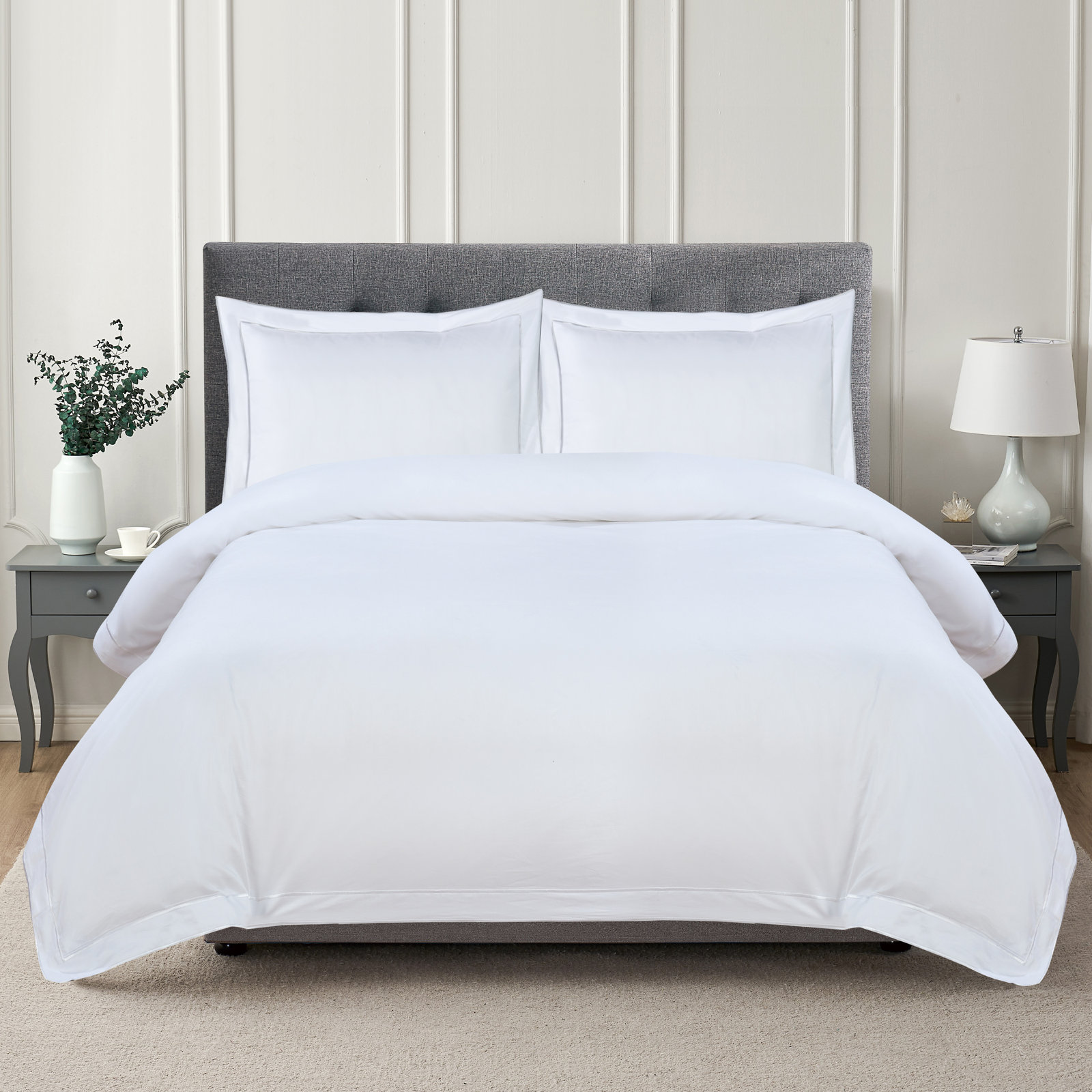 T600 FRAMED SATEEN DUVET SET, White, Queen Duvet Cover + 2 Standard Shams