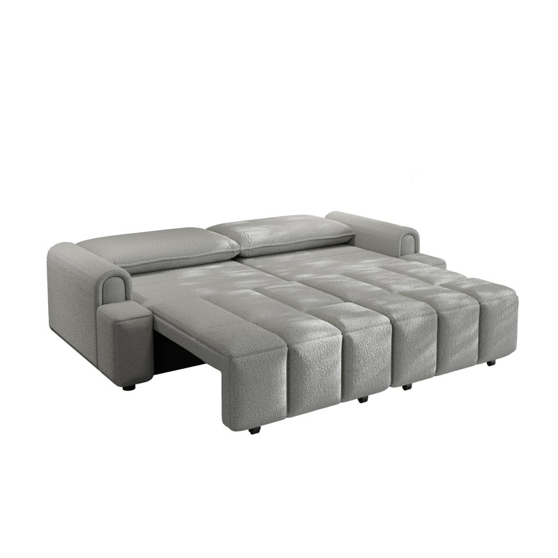 90.2" Modern Teddy Fabric Convertible Sofa Bed with Storage, King Size 3-in-1 Sleeper Couch for Living Room, Gray