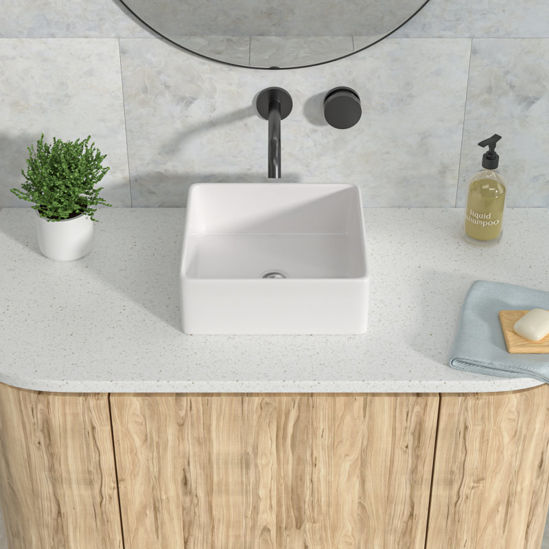 Lavabo vasque de salle de bain carré blanc en céramique 15 po, meuble-lavabo moderne pour comptoir pour salle de bain contemporaine