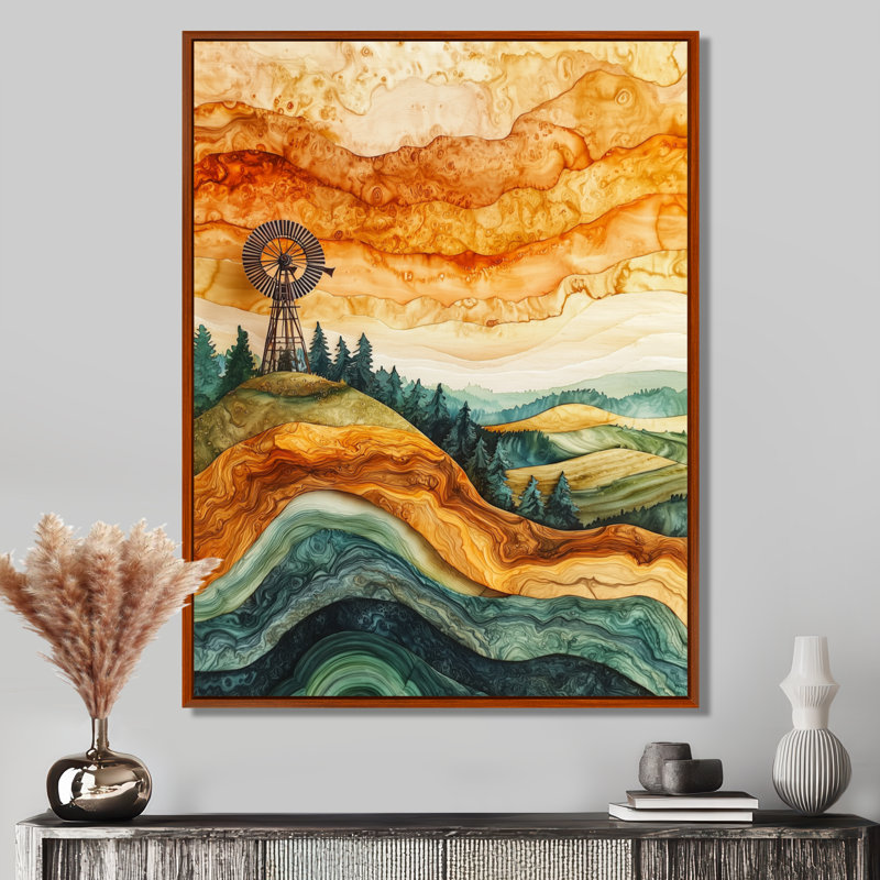 Windmills Into A Summer Field Landscape I - Windmills, art mural, Brun, Impression encadrée sans passe-partout