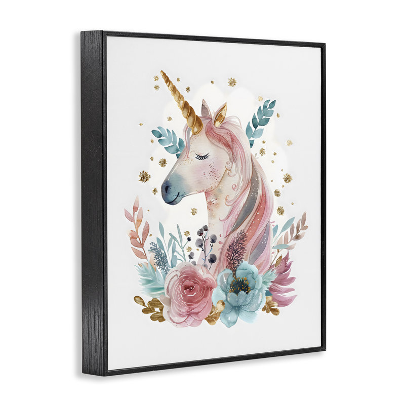 Licorne florale avec détails dorés, estampe numérique, design par LSR Design Studio, H 20 po x l 16 po