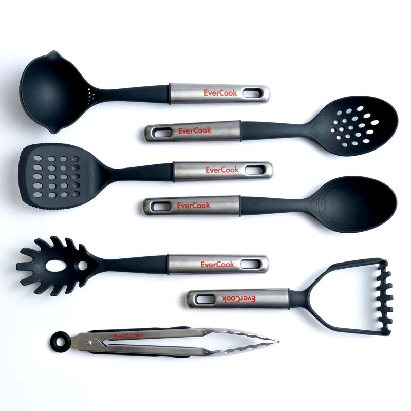 EverCook 7-Piece Kitchen Utensil Set with Stainless Steel Handles, Black/Silver