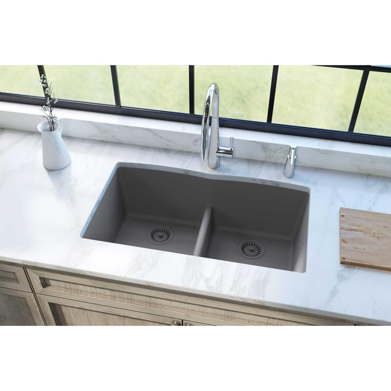 Quartz Classic 33" x 19" x 10" Double Basin Undermount Kitchen Sink with Aqua Divide, Greystone