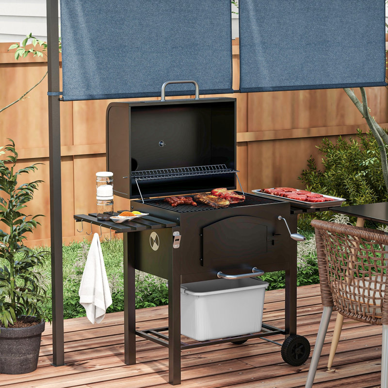 Barbecue au charbon de bois, avec 8 crochets pour les outils de gril et les tablettes pliantes, hauteur réglable, thermomètre, roues pour ouvre-bouteilles de camping, tables d'appoint noires pour barbecue, patio, cour arrière,