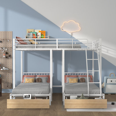Full Over Twin & Twin Bunk Bed, Metal Triple Bunk Bed With Drawers And Guardrails