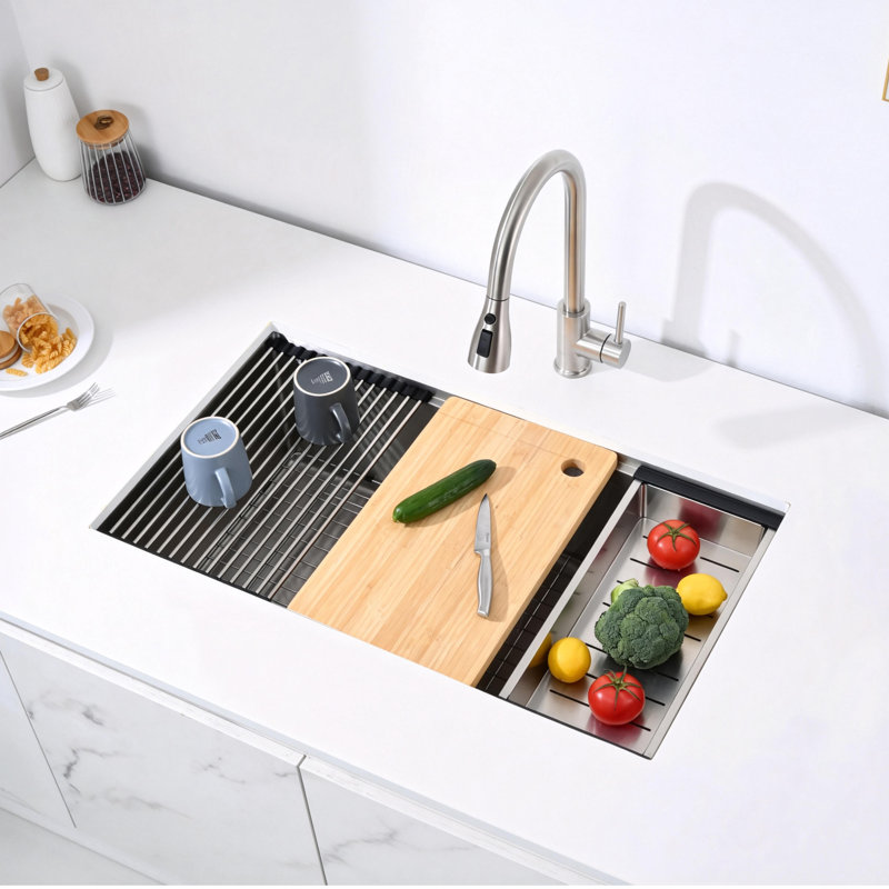 33"L × 19"W Workstation Undermount Stainless Steel Kitchen Sink with Accessories, Brushed Nickel