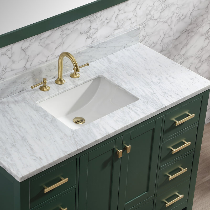 Whitney 48'' Single Bathroom Vanity with Carrara Marble Top, Green, Gold