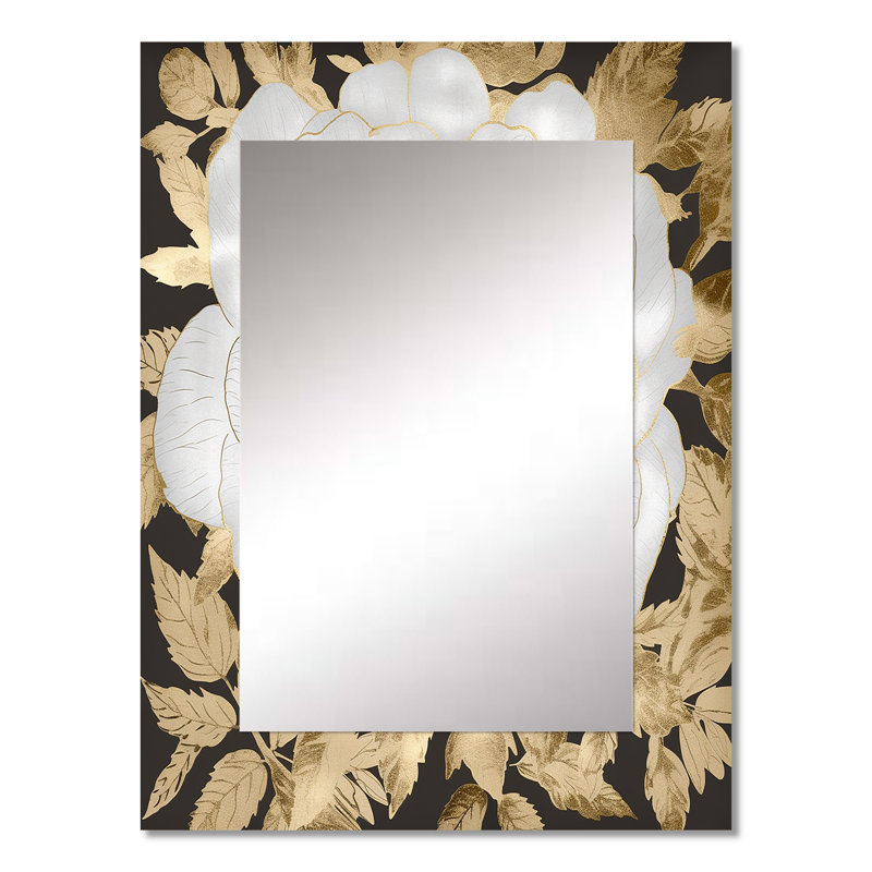 Exquisite White Rose Blooming Floral Gold Glam IV - Rose Decorative Mirror, Traditional Wall Mirror, Printed Metal Art
