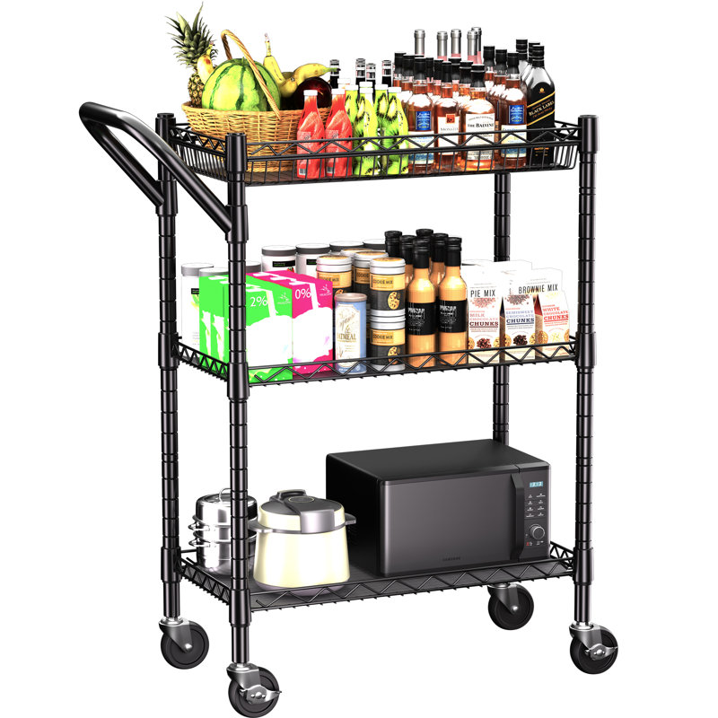 3-tier Utility Cart With Wheels Outdoor Rolling Metal Storage Organizer, 36" H x 23" W x 18" D, Black