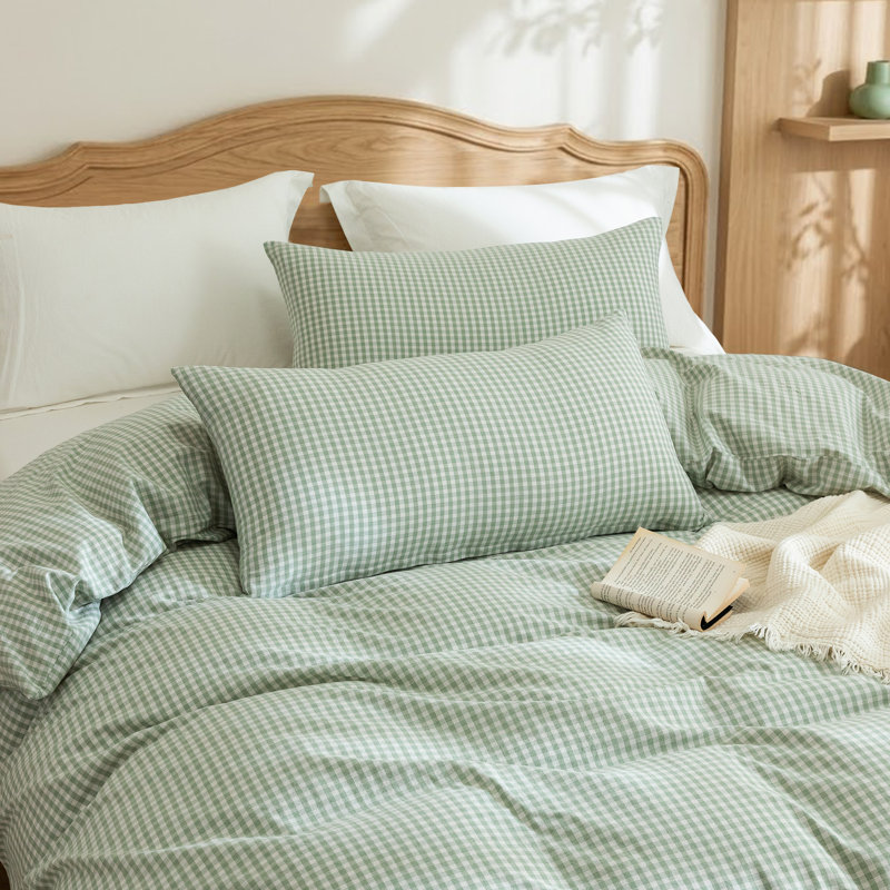 100% Washed Cotton Duvet Cover Set, Classic Check Pattern, Soft Breathable Bedding with Hidden Double Zipper and Envelope Pillowcases
