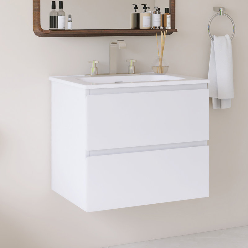 Meuble-lavabo mural simple avec comptoir intégré en céramique blanche, Blanc, 24"