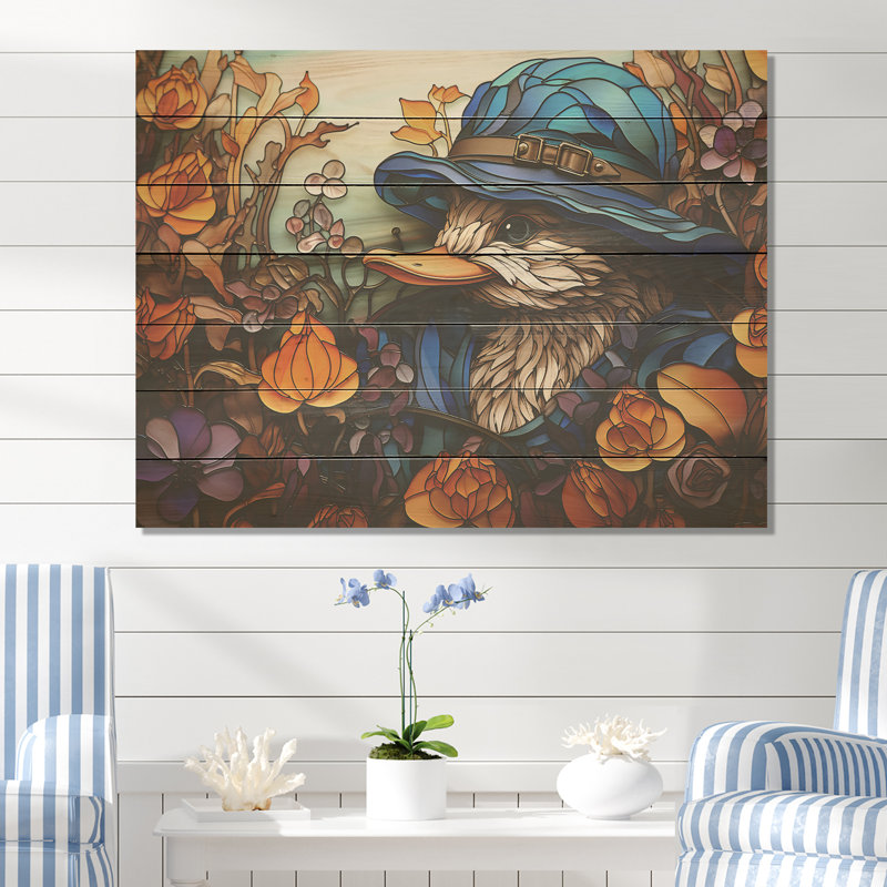«Blue and Orange Duck Blooms Mosiac» - animal canard sur bois, H 30 po x l 40 po