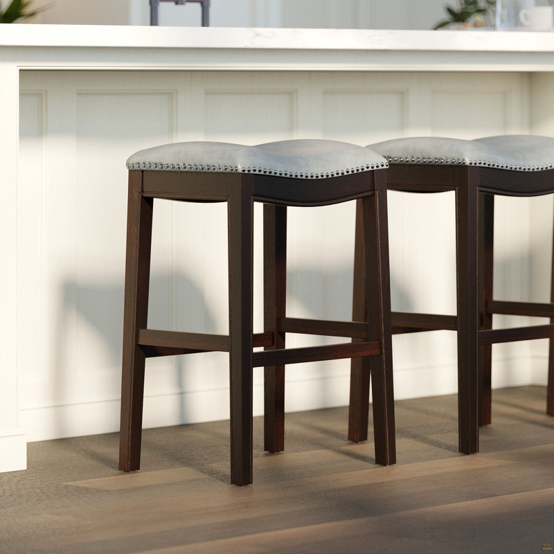 31In. H Bar-Height Wood Barstool With Gray Faux-Leather Seat, 1PC, Gray