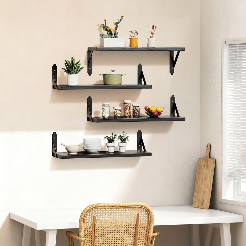 Floating Shelves Set Of 4, Rustic Wood Wall Mounted Storage Shelves For Living Room, Bedroom, Bathroom Decor, Black