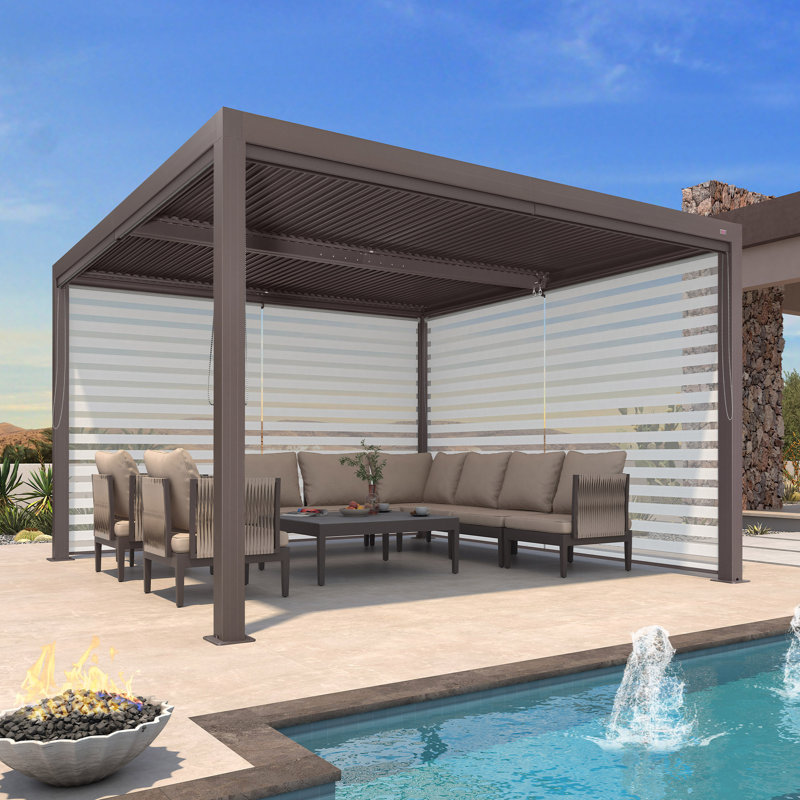 12 Ft. W x 12 Ft. D Aluminum Pergola with Roller Shade, 2 Short Side