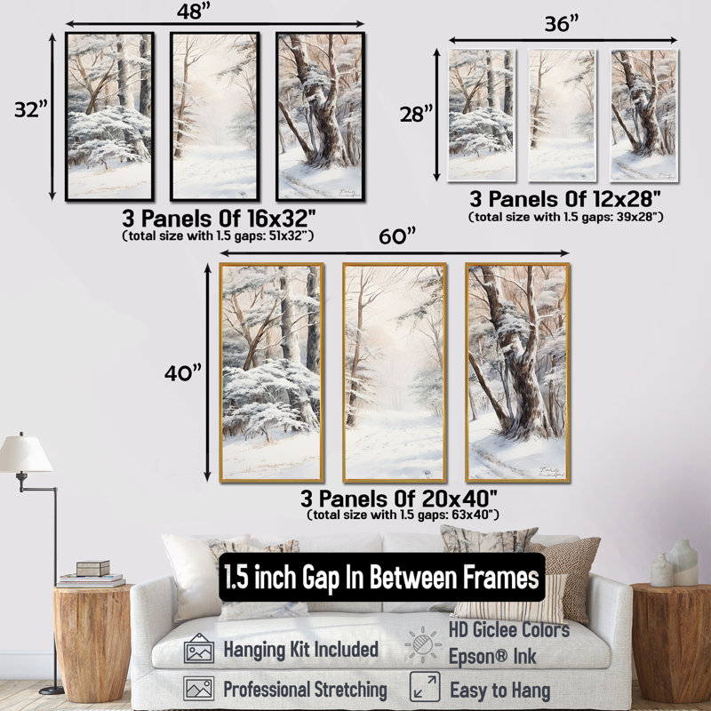 «Winter Forest Snow Charm Landscape», ensemble d'art sur toile neige, H 40 po x l 60 po, Cadre flottant doré