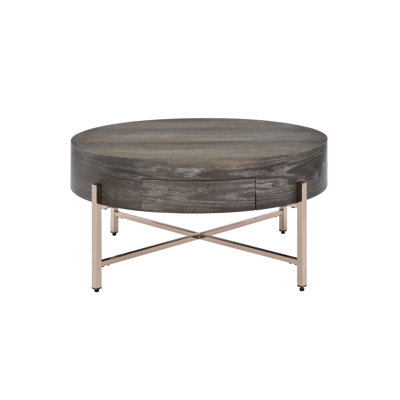 Table basse en forme de tambour brun et champagne avec 1 compartiment de tiroir, base en métal en X, placage supérieur en bois, rangement de 32 po x 16 po, cadre de base, placage de chêne, profondeur de 32 po