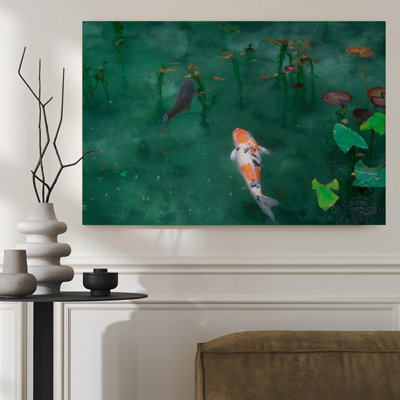 Framed Canvas Wall Art, Koi fish swim gracefully in a serene pond, surrounded by lily pads, Impressionist watercolor style. Wall Decor, Large Artwork for Living Room Bedroom, Ready to Hang, 24x36 Inch