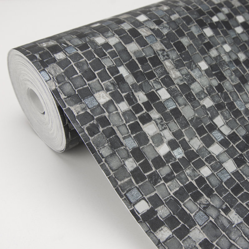 , Rouleau de papier peint mosaïque en pierre grise Ziggy L 33 pi x l 20,9 po, Gris anthracite