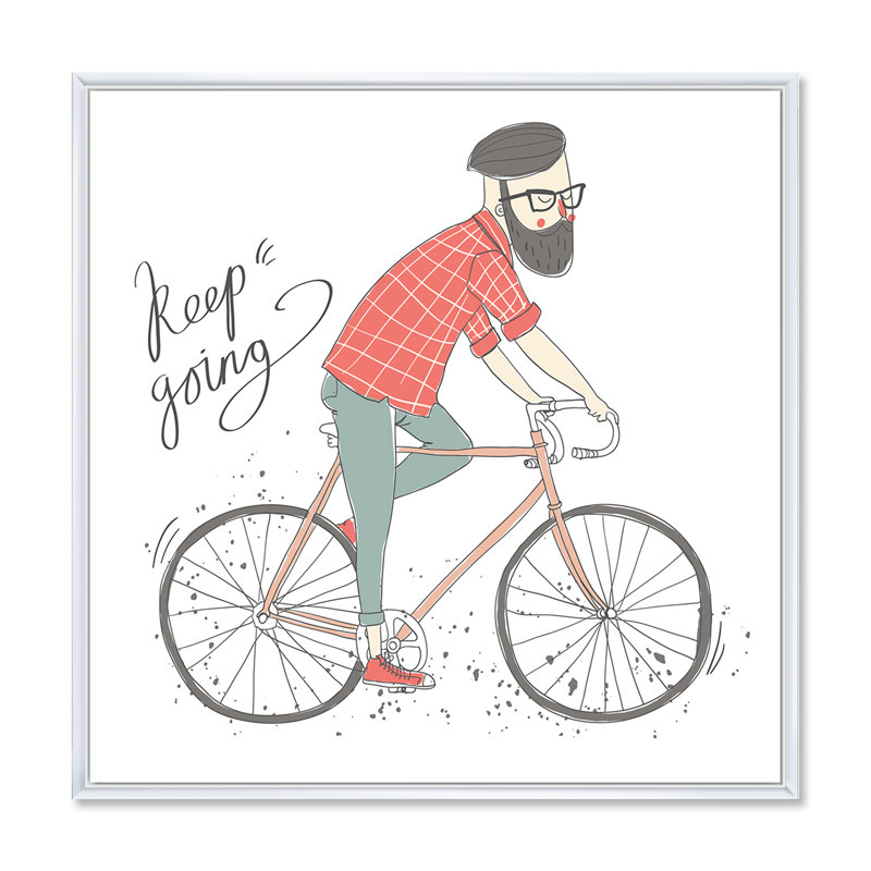 «Hipster Man On A Bicycle - Floater Frame, reproduction sur toile», H 36 po x l 36 po x 1,5 po, Cadre blanc
