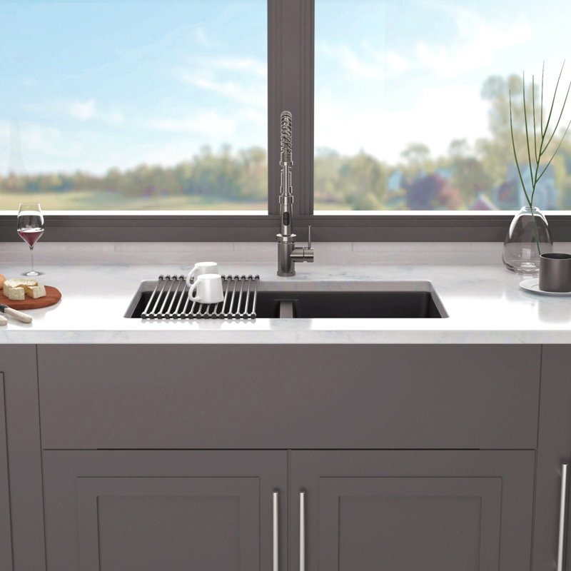 Évier de cuisine en quartz - Évier de cuisine en composite de granite double encastrable 33 po x 19 po (50/50), Noir