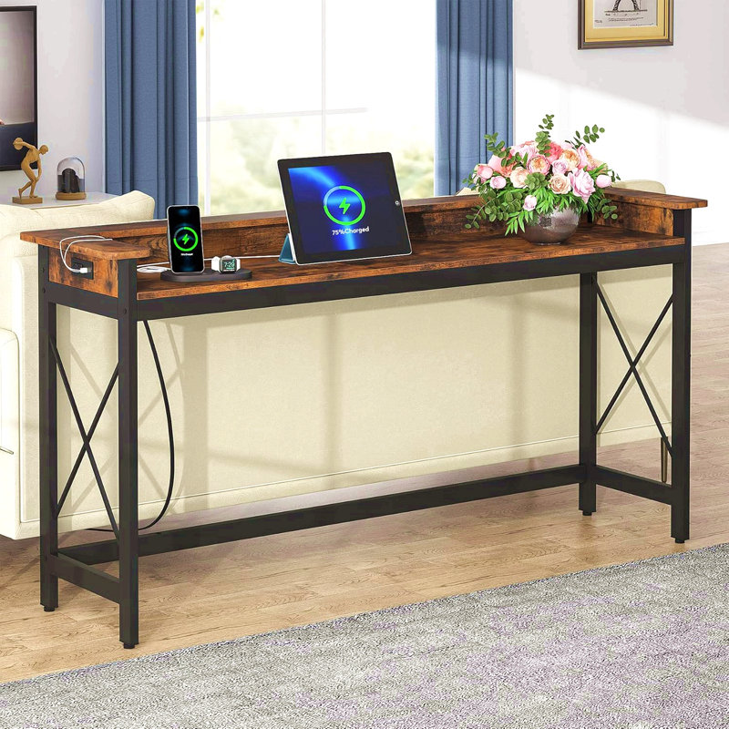 70.9" Extra Long Console Table With Power Outlets & USB Ports, Narrow Sofa Table Behind Couch, Entryway Bar Table With Charging Station