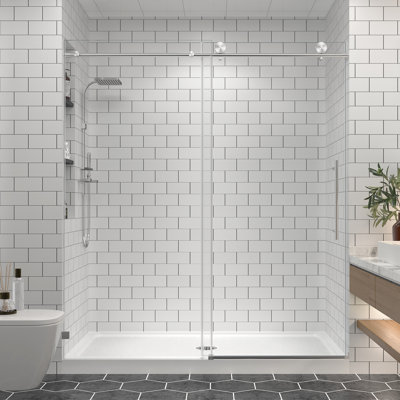55"-60'' W x 76'' H Frameless Sliding Shower Door in Brushed Nickel Finish with 5/16" (8mm) Clear Tempered Glass, Soft-Close, Easy-Clean Coating, Explosion-Proof Film