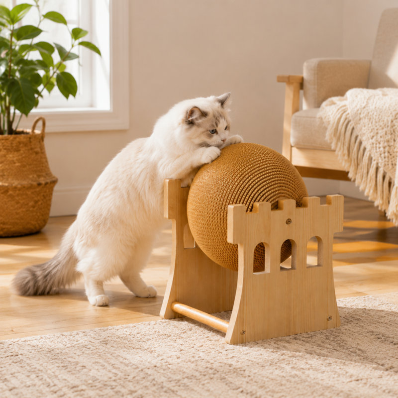 Roue à griffer en bois avec boule en sisal et jouet roulant interactif pour chats d'intérieur