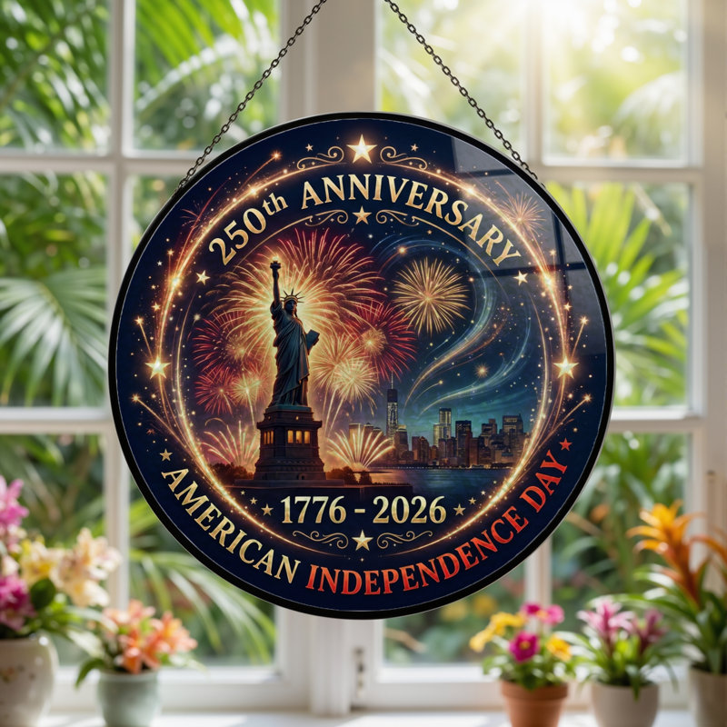 Panneau de fenêtre en verre pour décoration intérieure Fireworks Statue USA 250th Anniversary ， 7,8H, H 7,8 po