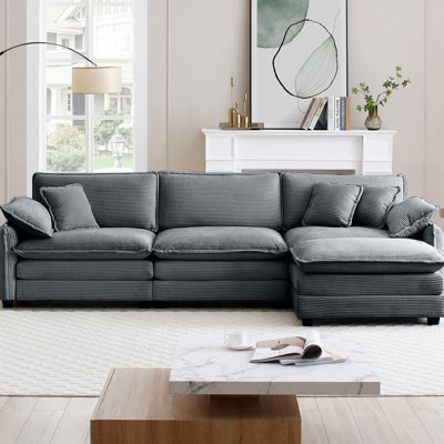 Retro 3 - Seater In Grey Corduroy With Matching Footstool And Throw Pillows, Ideal For Clubs Home Cinemas Footstool, Perfect Entertainment Areas, Featuring Removable