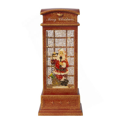 4X4x10"H Christmas Lighted Water Spinning Phone Booth With Santa On Phone, 3*AA Batteries Required