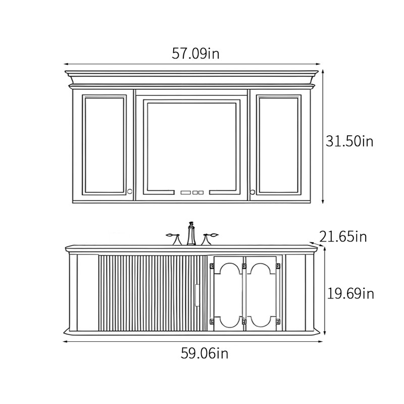 Armoire de salle de bain multifonctionnelle de style français, H 19,69 po x l 59,06 po x P 21,65 po, Blanc
