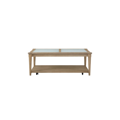Dana Heights Glass Top Coffee Table with Casters – Sand Finish, Mindi Veneer, Frosted Tempered Glass