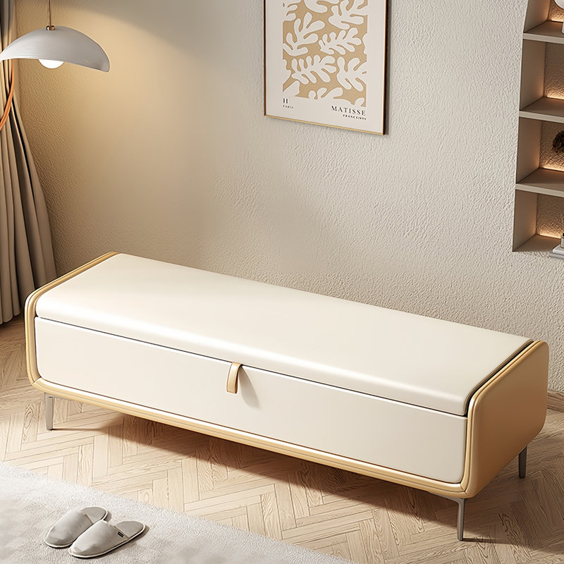 Tabouret à chaussures de luxe avec rangement, Blanc cassé, H 16,53 po x l 66,92 po x P 16,53 po
