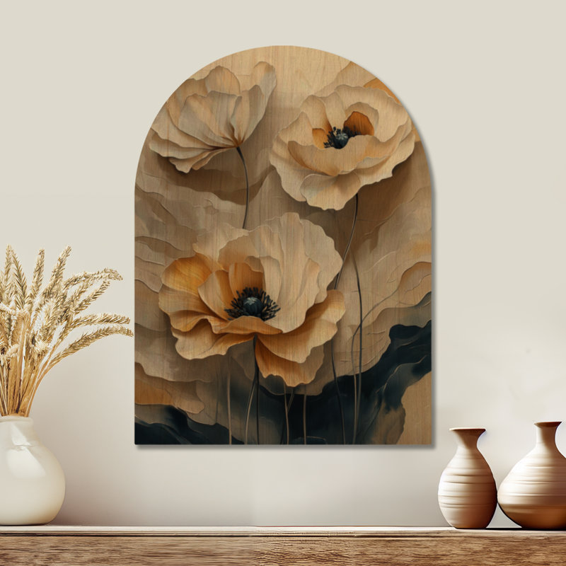 Coquelicots crème opulents II - Affiche murale florale en bois arqué, H 32 po x l 24 po, Arch