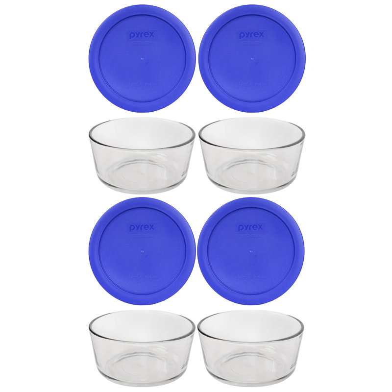 Pyrex (4) 4-Cup Glass Bowls & (4) 4-Cup Lids, Cadet Blue