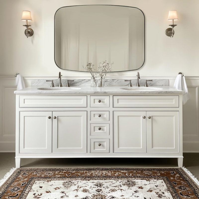 Miroir de salle de bain ovale moderne | Cadre en acier inoxydable, Nickel brossé, 48 po x 36 po