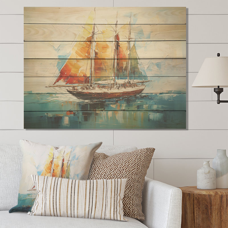 «Moonlight Saiboat Horizon I» - Bateau à voile sur bois, H 34 po x l 44 po