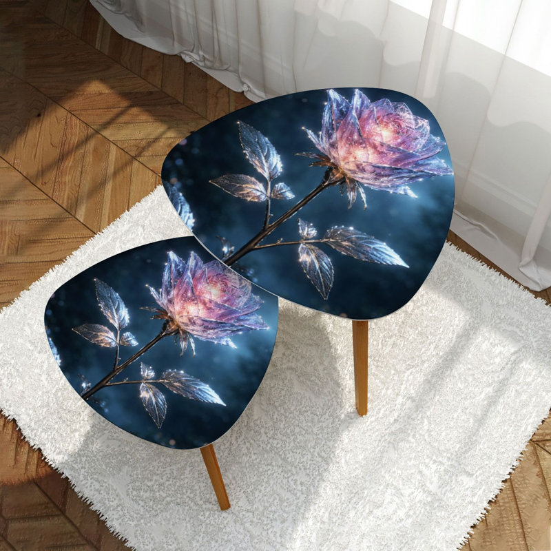 Ensemble de 2 tables gigognes triangulaires roses transparentes au clair de lune et pétales étincelants