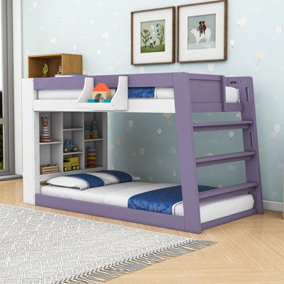 Twin Over Twin XL Bunk Bed with Shelves, Wide‑step Ladder and Guardrails