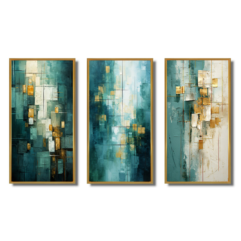 California Sunshine Retro abstrait bleu sarcelle - ensemble de 3 peintures d'art abstrait, Cadre flottant doré