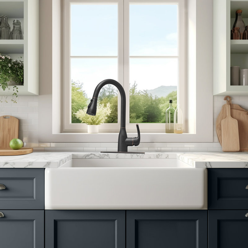 Robinet de cuisine rétractable à poignée simple avec accessoires, Bronze frotté à l'huile