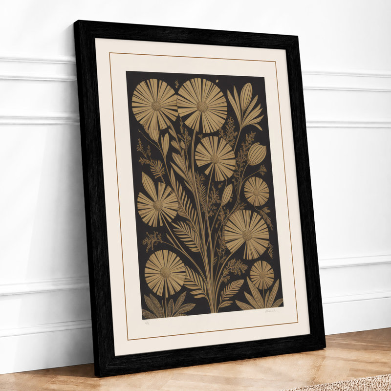 Golden Flower Study Botanical - Framed Print, A4 - 29.7 x 21.0 cm, Black