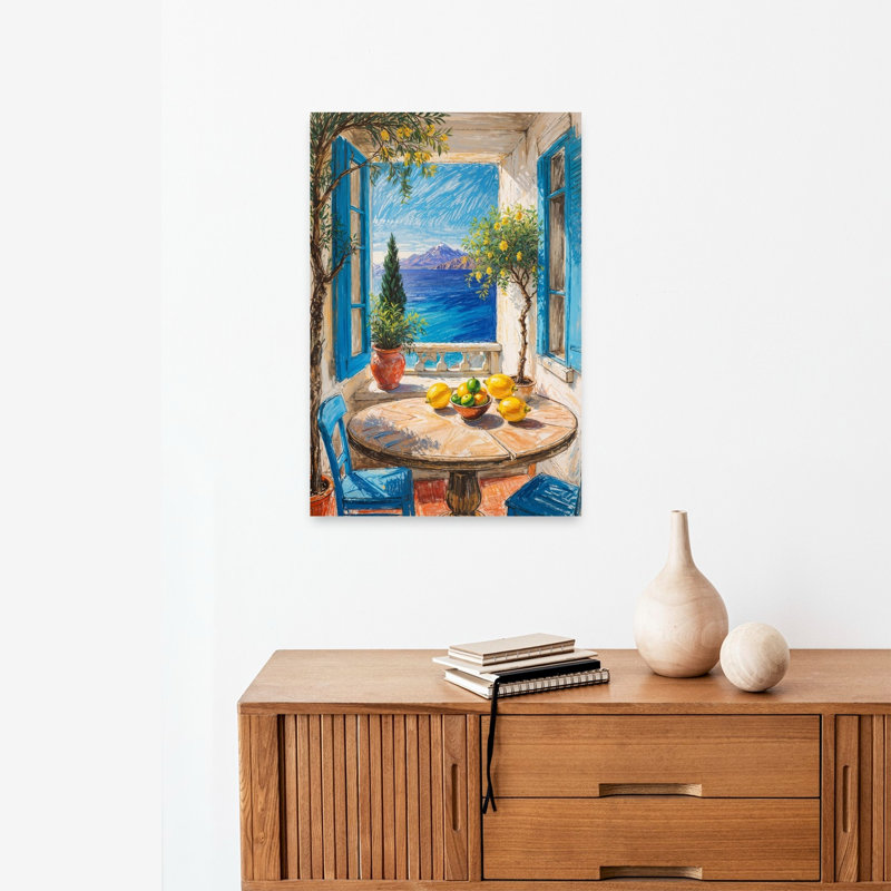 Citrons et océan, balcon, paisible, citronnier abstrait, fruits de mer, impression murale, 24" H x 16" W