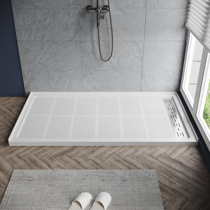 Elegant 60" W x 32" D x 4" H Shower Base with Single Threshold Anti-Slip Acrylic Shower Pan White, Right