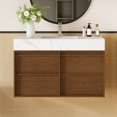 Meuble-lavabo moderne 36 po avec lavabo, plateau de table en pierre frittée brillante, 4 tiroirs, pré-assemblé
