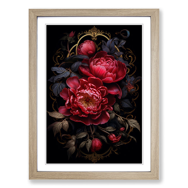 Peony Flower Gothic - Single Picture Frame Print on Wood, 64cm H x 46cm W x 2cm D, Oak Framed