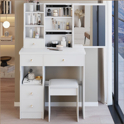 Petite coiffeuse de 29,2 po avec tiroir de gauche et tabouret rembourré, très grand miroir coulissant à droite, rangement multi-couches à grande capacité, commode pratique et pratique, convient aux petits espaces